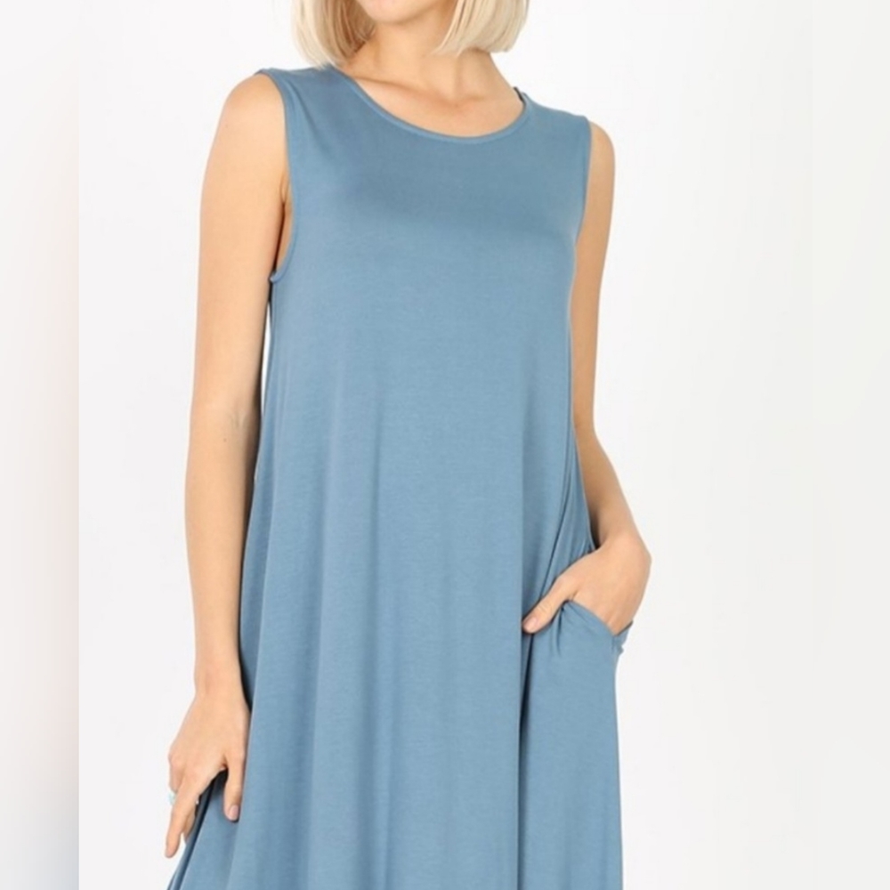 Zenana Premium Steel Blue Comfy Flowy Sleeveless Soft Knit Mini Dress Lounging S